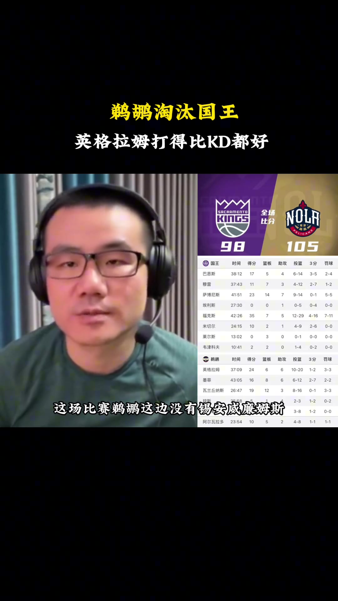  徐靜雨：殘陣鵜鶘擊潰國(guó)王，英格拉姆打得比杜蘭特都好！