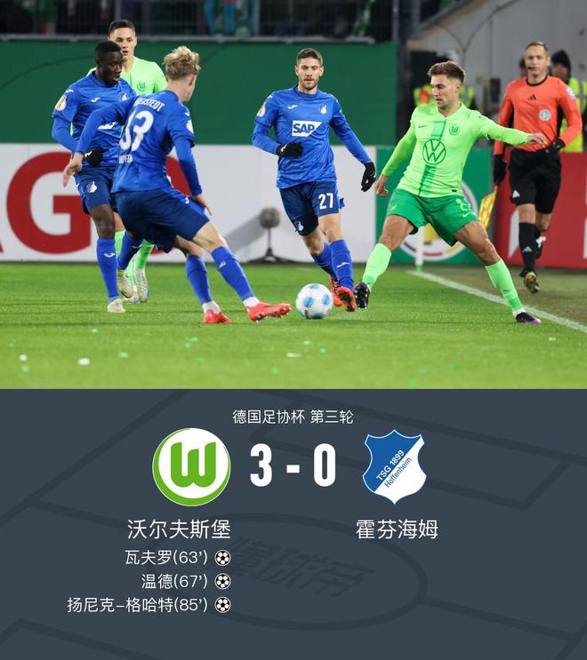  沃爾夫斯堡勝霍芬海姆3比0，瓦夫羅破門，溫德、格哈特進球。