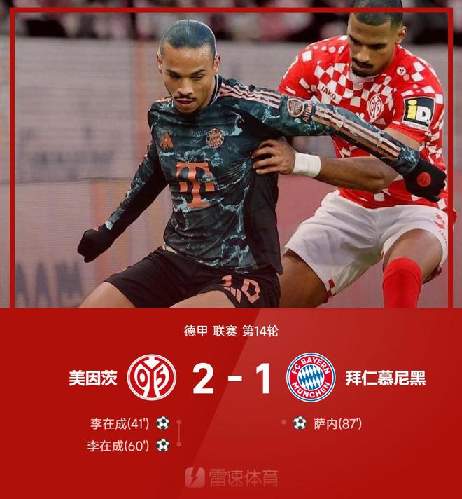  德甲戰(zhàn)報：李在成雙響，薩內(nèi)破門，美因茨2-1拜仁首敗